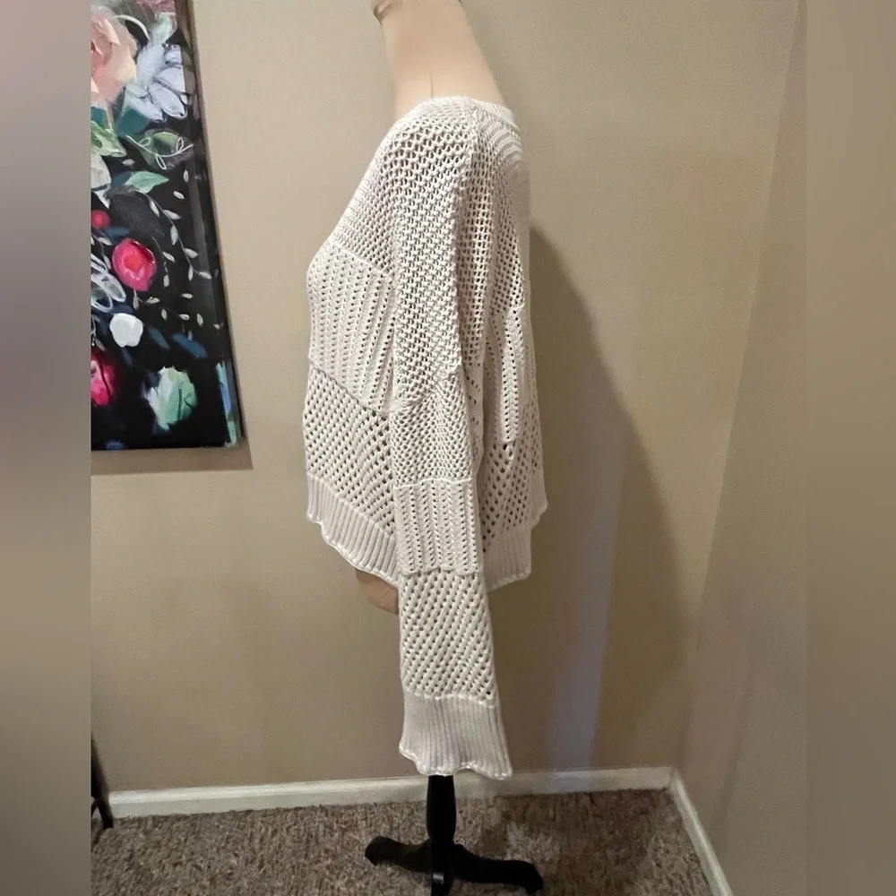 Happily Grey Open Weave Cream Crew Neck, Boxy Crop Sweater, size Large